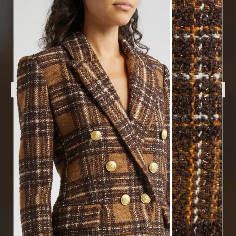 L'AGENCE Kenzie Plaid Tweed Double-Breasted Blazer in Brown / Gold Size 6 - Picture 8 of 15